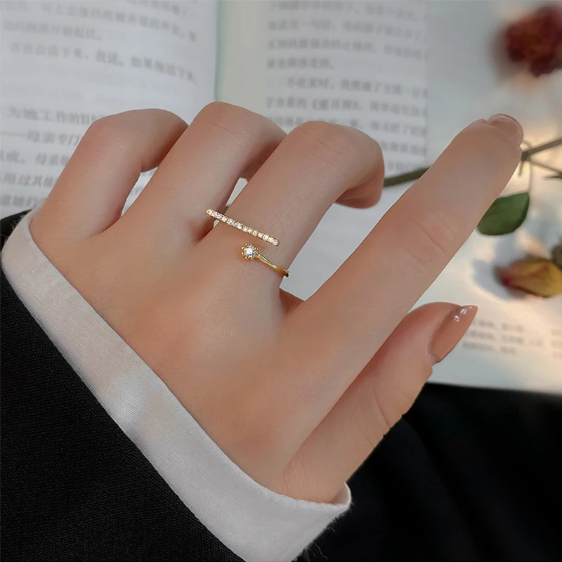 925 Sterling Silver Geometric Flash Diamond Open Ring Fashion Personality Index Finger Ring Women's Party Jewelry Gift