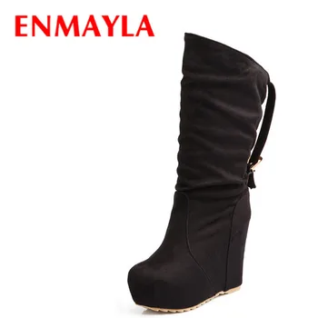 

ENMAYLA Autumn Winter Fashion Mid-Calf Women's Wedges Flock Women High Heels Round Toe Boots Black Red winter boots women