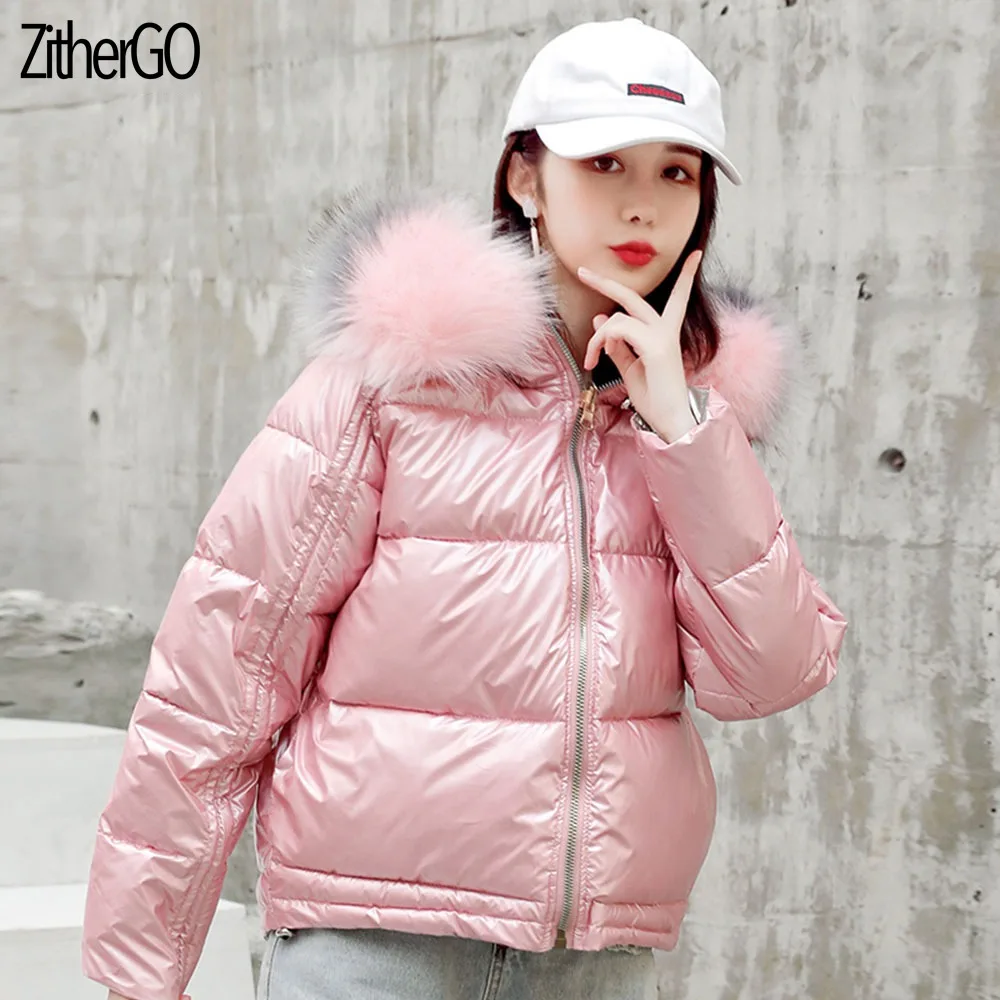 Pink Eastkes новая зимняя куртка Женское пальто двустороннее глянцевое теплое женское меховое пальто с капюшоном короткое хлопковое стеганое зимнее пальто женские парки - Цвет: Pink