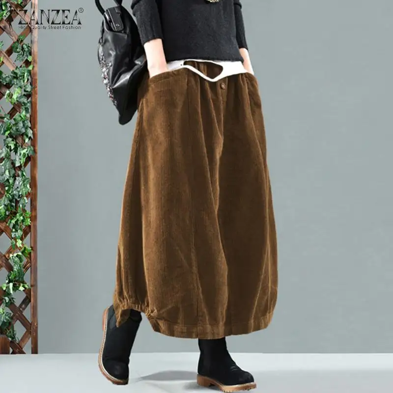 Low Price Skirts Maxi Elastic-Waist ZANZEA Elegant Corduroy Plus-Size Casual Women's Saia Robe YDwpea3aX6M