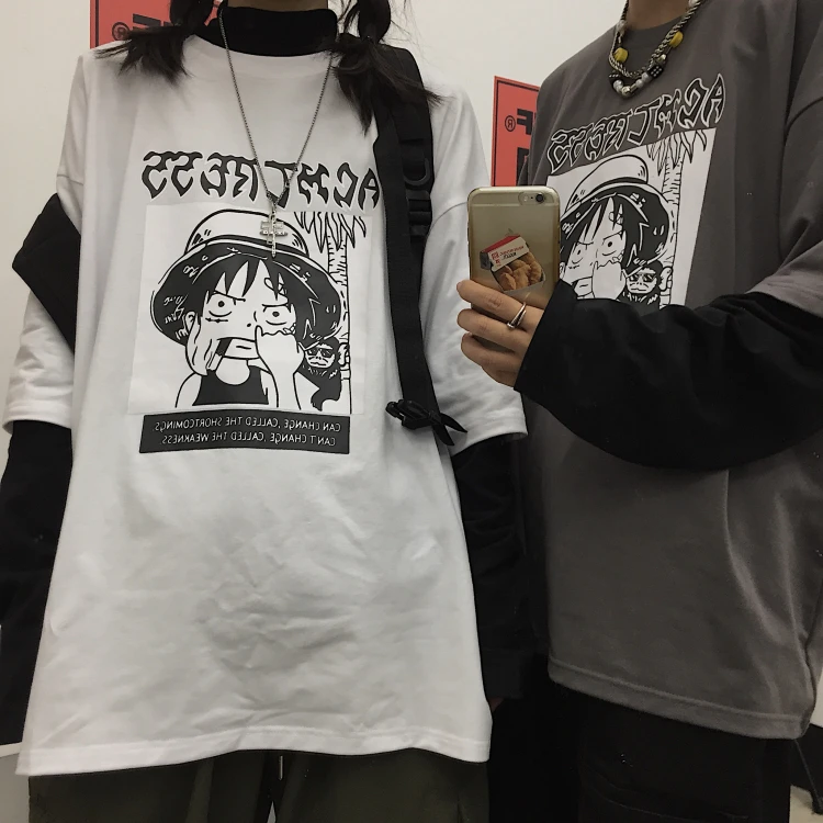 2020 Fashion Thin Fake Two-Piece Anime Long-Sleeved T Shirt Streetwear Kpop Couple Clothes Hip Hop One Piece Print Tops Male