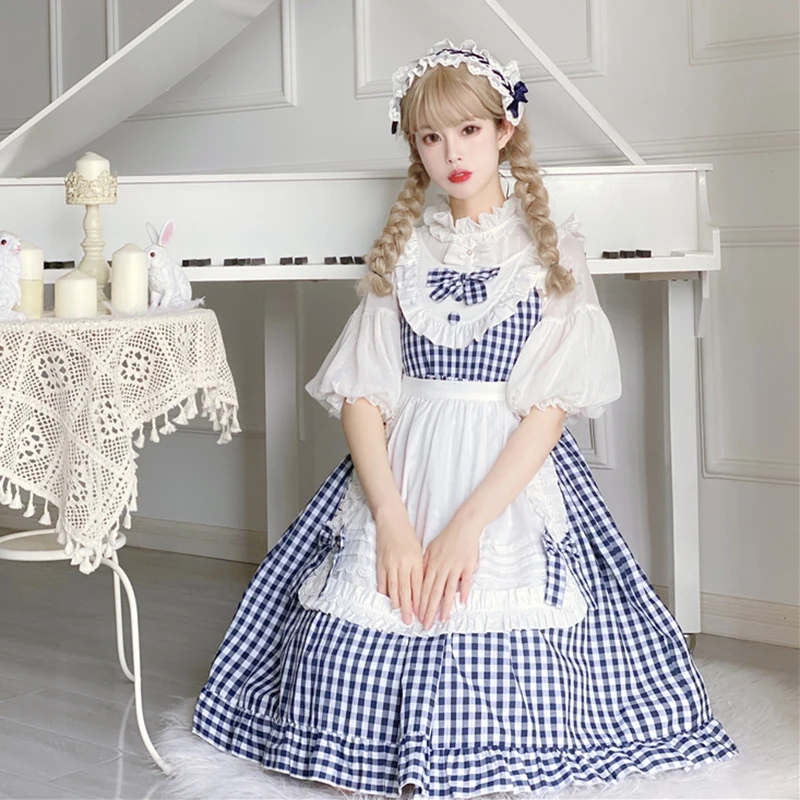 

Summer Lolita Soft Girl Vintage Dress for Teens Sweet Plaid Cute Ruffle Lace Spaghetti Strap Dress Kawaii Maid Cosplay Dresses