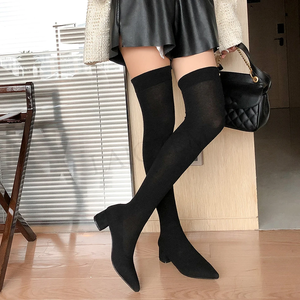 LAIGZEM/Модные женские облегающие высокие сапоги эластичные вязаные высокие сапоги на среднем не сужающемся книзу массивном каблуке Женская обувь; botas mujer; большие размеры 34-42