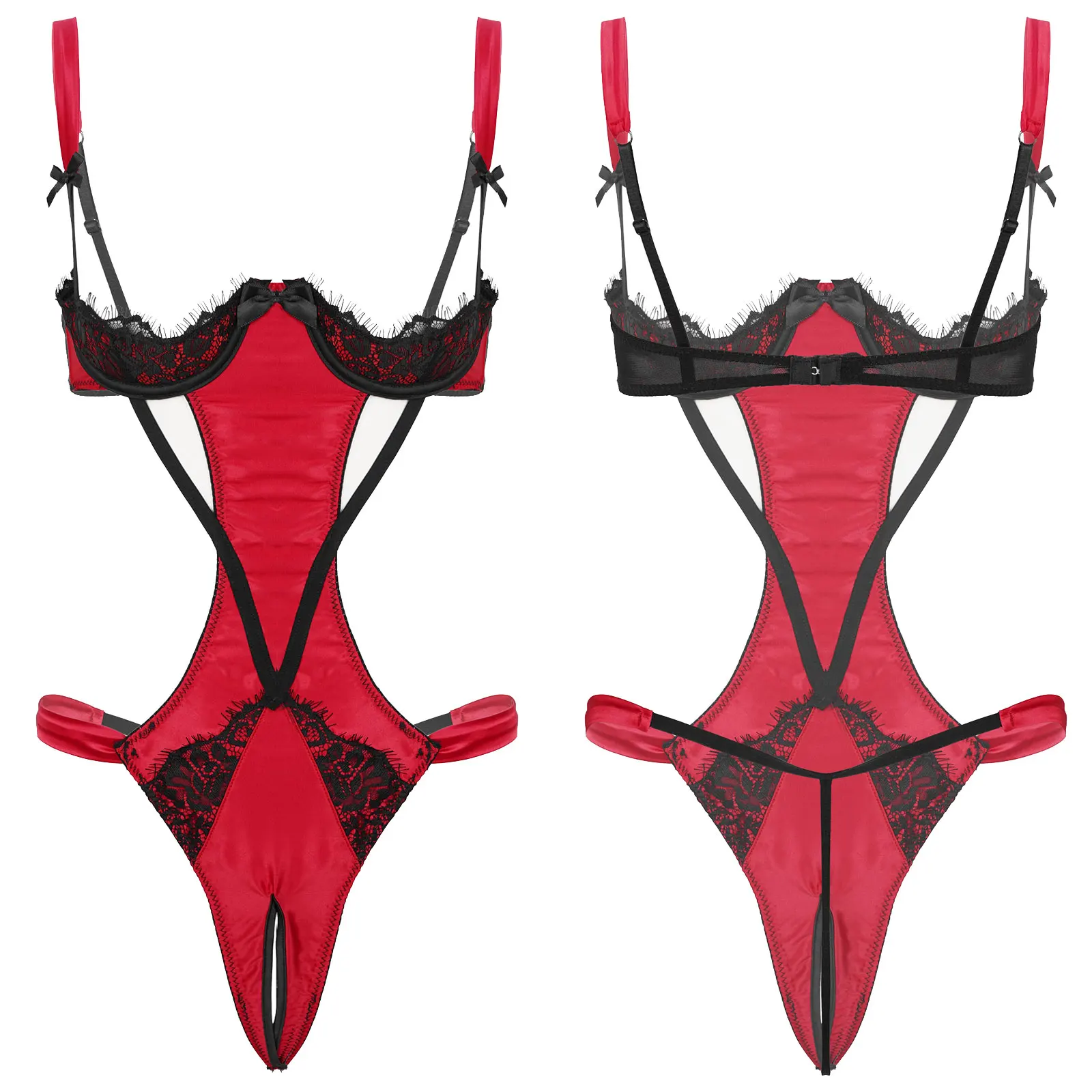 

Womens Erotic One-piece Lingerie Adjustable Shoulder Straps 1/4 Underwired Open Cups Crotchless Leotard Sexy Bodysuit Nightwear