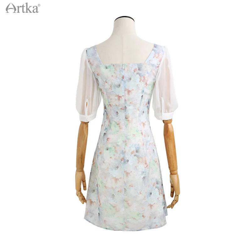 ARTKA 2021 Summer New Women Dress Vintage Square Collar Puff Sleeve Chiffon Dresses High Waist Shirring Slim Midi Dress LA22715X