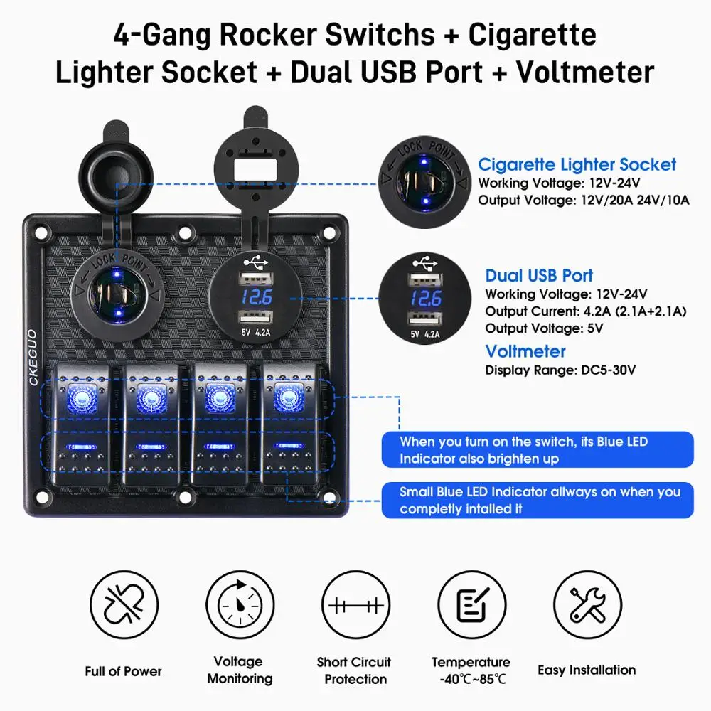 4 Gang 12V Dual USB Port Car Marine Boat LED Rocker Switch Panel Waterproof Circuit Digital Voltmeter LED Rocker Switch Panel