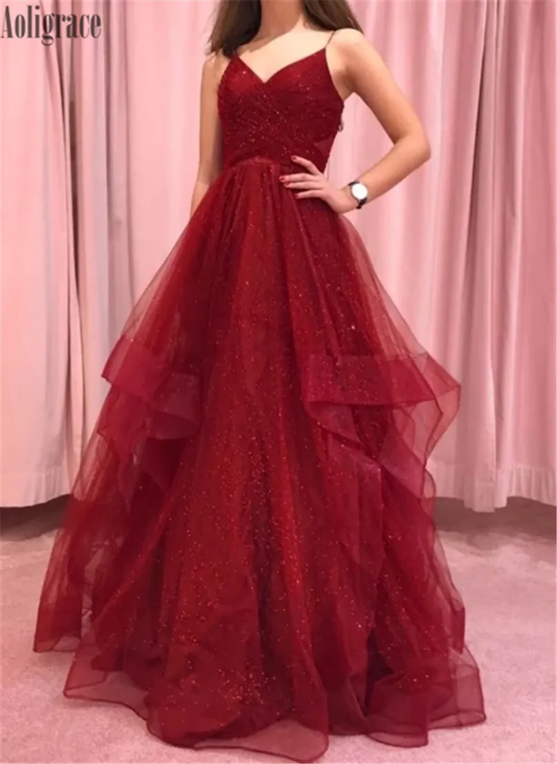 

V-Neck Tiered Backless Red Prom Dresses Sparkly Sweep Train Formal Party Evening Gowns Cheap Special Occasion Dresses Vestidos