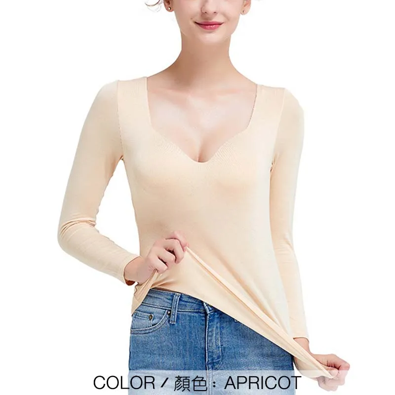 APRICOT Женские футболки, майки, топы, модал, Встроенный бюстгальтер, с подкладкой, v-образный вырез, длинный рукав, простая, эластичная, размера плюс, SA0082 - Цвет: APRICOT