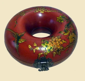 

Exquisite Chinese Old Wood Leather Handwork Jewel Box , Painted with Flowers and Birds