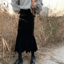 Новые зимние женские теплые бархатные юбки, Толстые Юбки с высокой талией, элегантные однотонные юбки с оборками