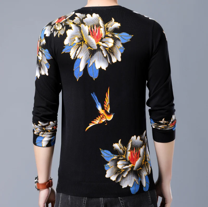 Lente Nieuwe Mode Trui Erkek Kazak Bloemen Vogel Gedrukt Trui Heren Slim Fit Pull Homme Trui Heren Chompas Hombre