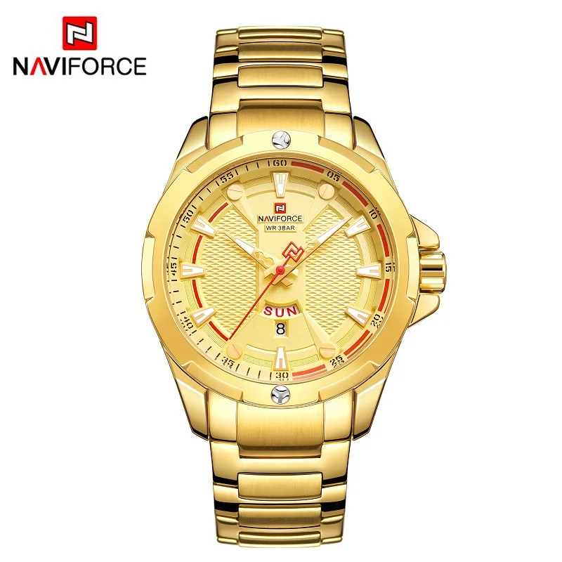 NAVIFORCE модные водонепроницаемые мужские спортивные часы лучший бренд класса люкс кварцевые часы ремешок из нержавеющей стали повседневные наручные часы - Цвет: GOLDEN