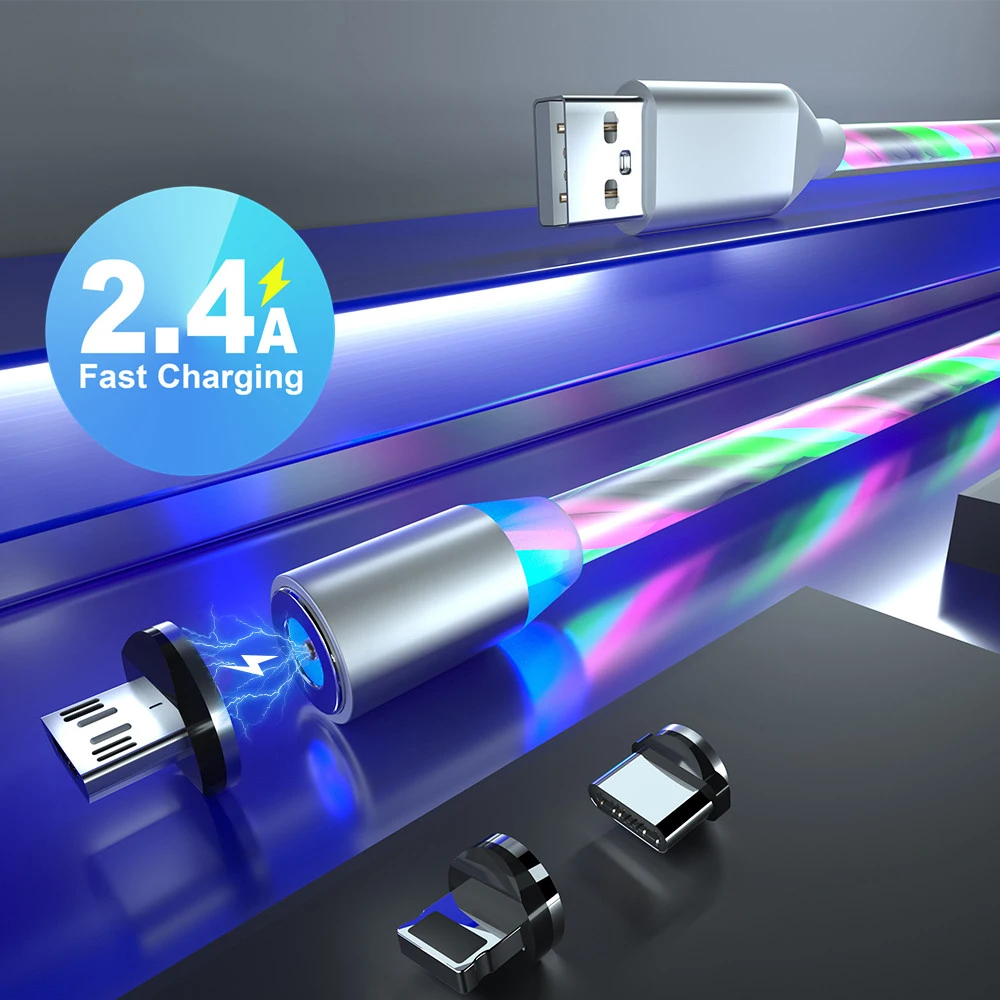 

2m Magnetic Cable USB Type C Flowing Light LED Fast charging Cable For iPhone Samsung Huawei Cable Micro USB Mobile Phone Cables