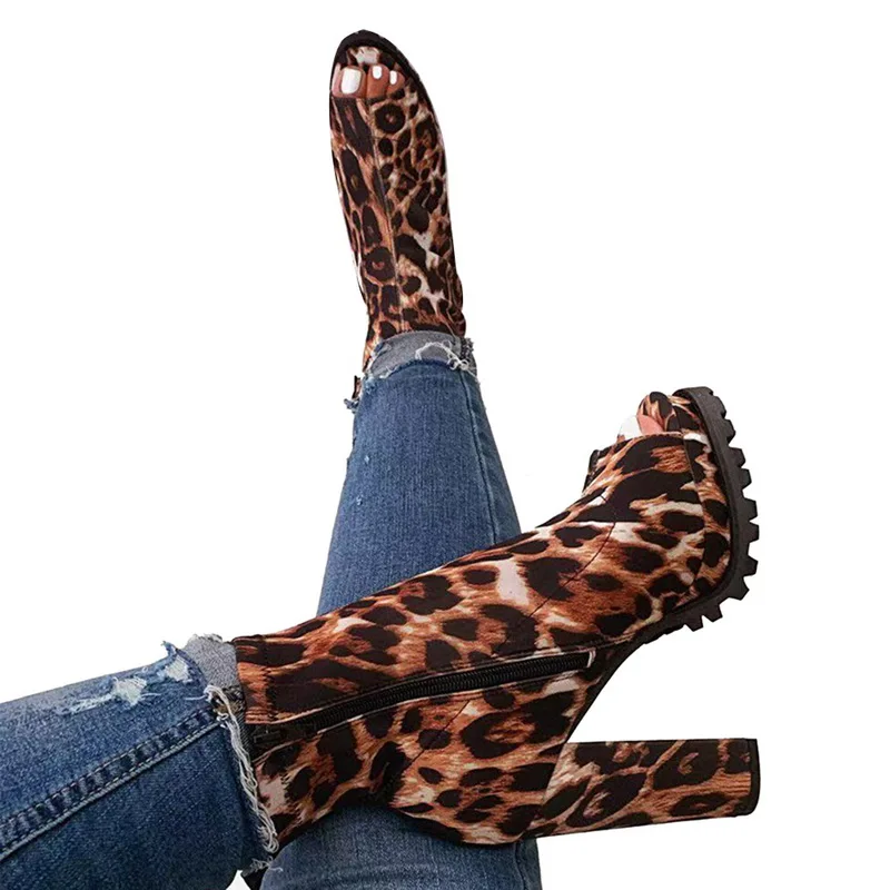 

Women Leopard Pattern Zippers Ankle Boots Autumn Woman Peep Toe Thick High Heels Ladies Platform Shoes Female Fashion New Shoes
