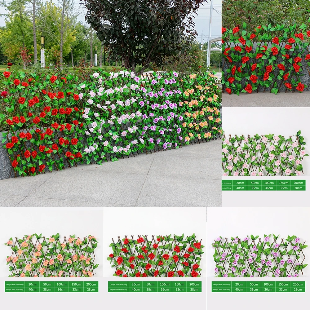 Artificial Rose Flower Garden Wall Leaf Wood Telescopic Fence Expanding Trellis 