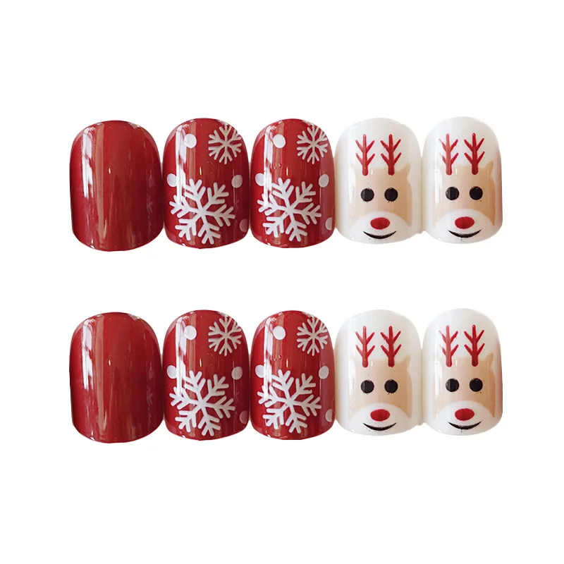 24 шт рождественские накладные ногти искусственные винно-красные накладные ногти для маникюра милые короткие ногти с оленем и снегом с дизайном 218