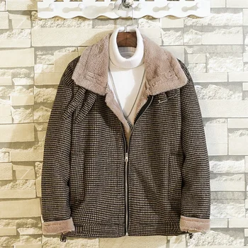 

Men's 2019 autumn and winter loose trend rabbit fur houndstooth short coat cotton large size M-5XL plus velvet inner warm coat
