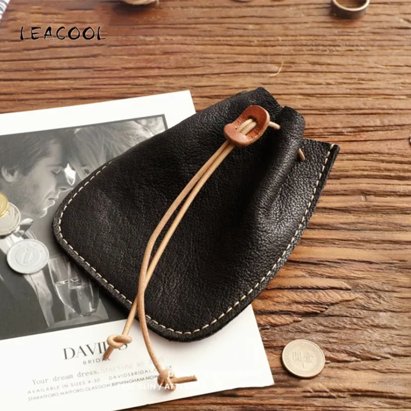Leacool Vintage 100 Genuine Leather Coin Purse Men Women Small Mini