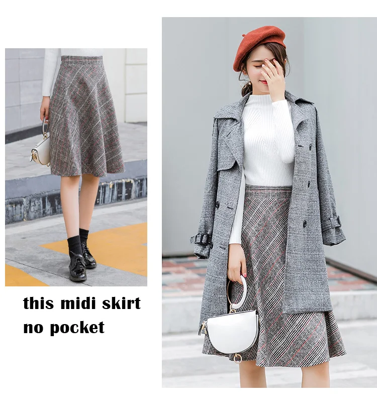 knee-length Skirt 2 Японский стиль, винтажная клетчатая длинная юбка для женщин, уличная одежда на молнии, эластичная высокая талия, карман, шерстяные юбки, зима, SK242 - Цвет: knee-length Skirt 2