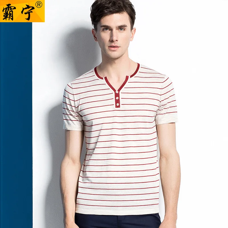 

2019 Summer Youth Men's V-collar Short Sleeve Coat T-shirt Slim Fit Stripes Flax Base Shirt Thin T-shirt