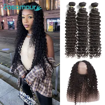 

Rosamour Brazilian Human Hair 360 Lace Frontal With Bundles Deep Wave Curly Virgin Hair 3 Bundles With Top Closure
