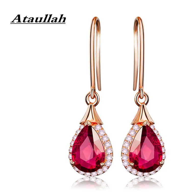 

Ataullah Dangle Hanging Waterdrop Earring Red Ruby Drop Earrings Plated with 18K Rose Gold Gemstone Jewelry for Women EW044