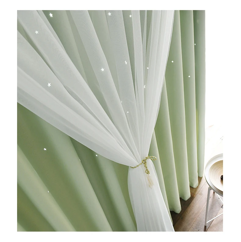 Fashion korean style pink hollow star kids curtains double layer black out window curtains for living room decorative