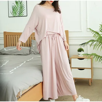 

Women Plus Size 2 Piece Pajamas Set Loose Long Sleeve Top Cropped Wide-leg Pants Sleepwear Female Summer Modal Lady Home Clothes