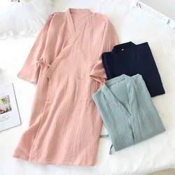 2022-style Kimono  New 100% Cotton Crepe Ladies Thin Nightgown Men Bathrobe Robe Home Service Pajamas