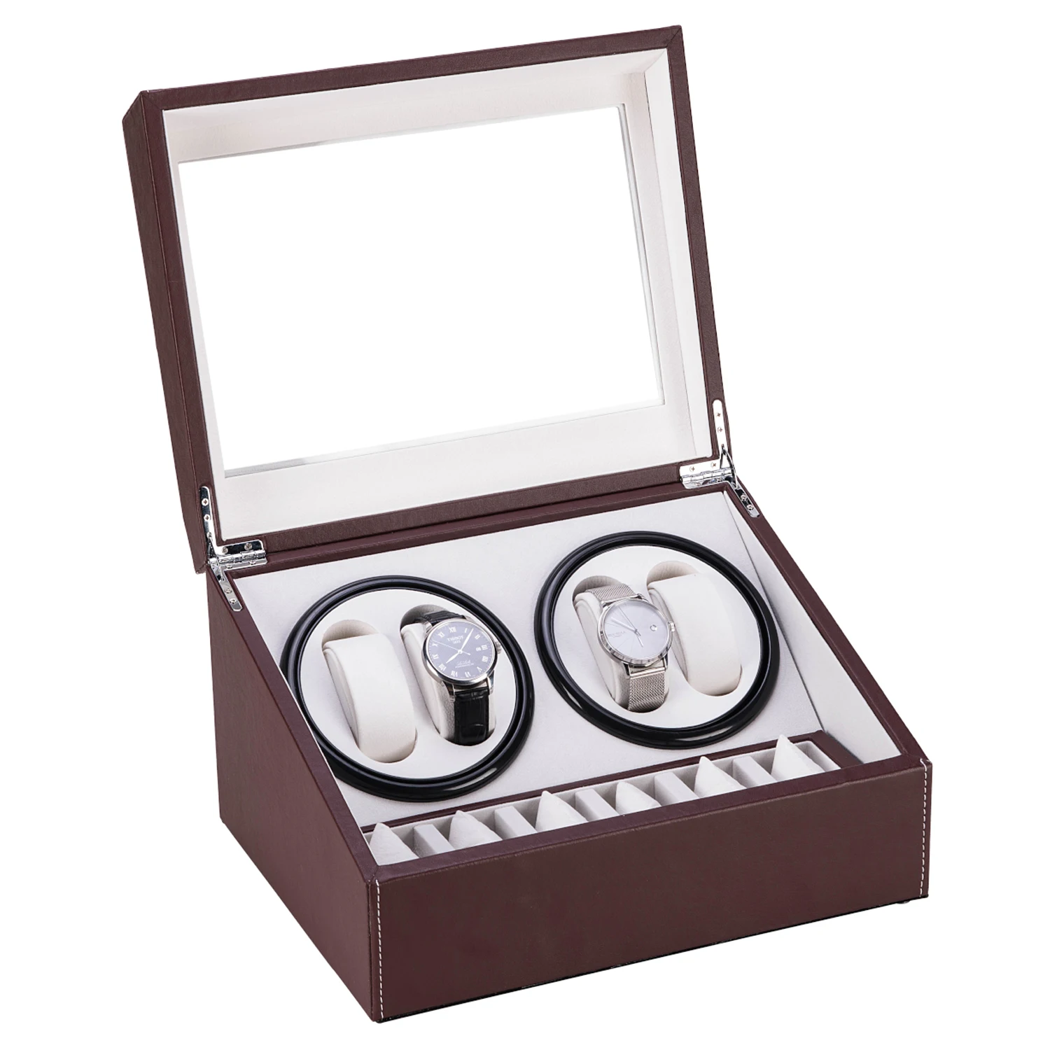 

Brown Leather Watch Winder Storage Auto Display Case Box 4 6 Automatic Rotation