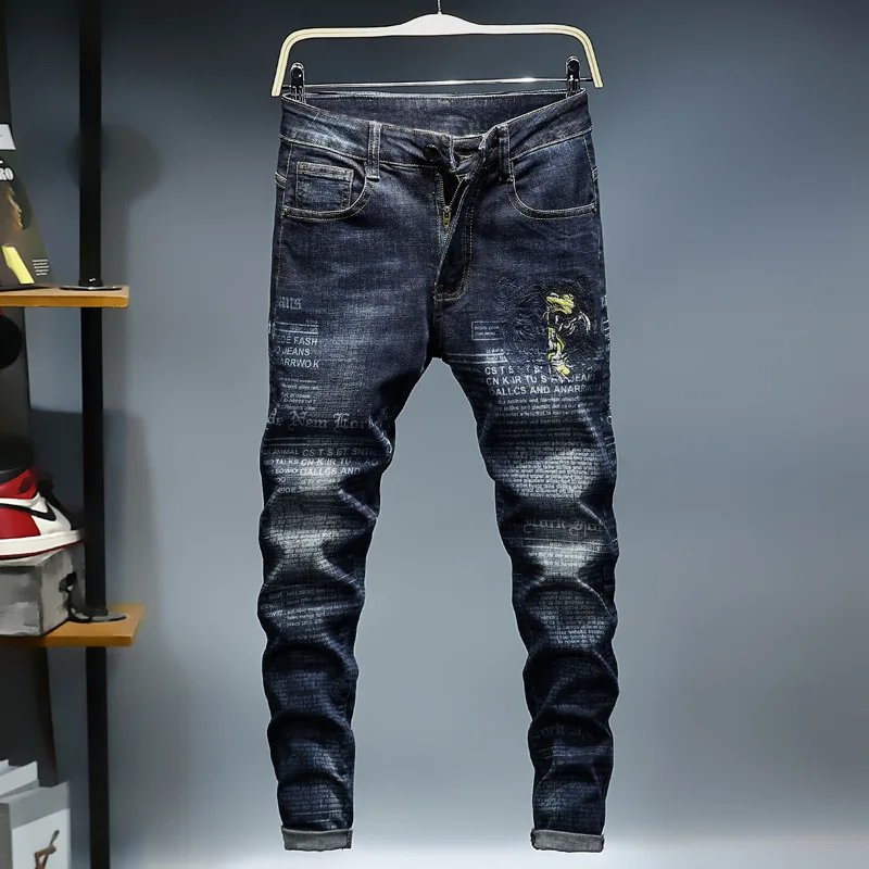 

2Y embroidered print personalized elastic jeans autumn and winter new slim fit straight short leg pants wholesale jeans