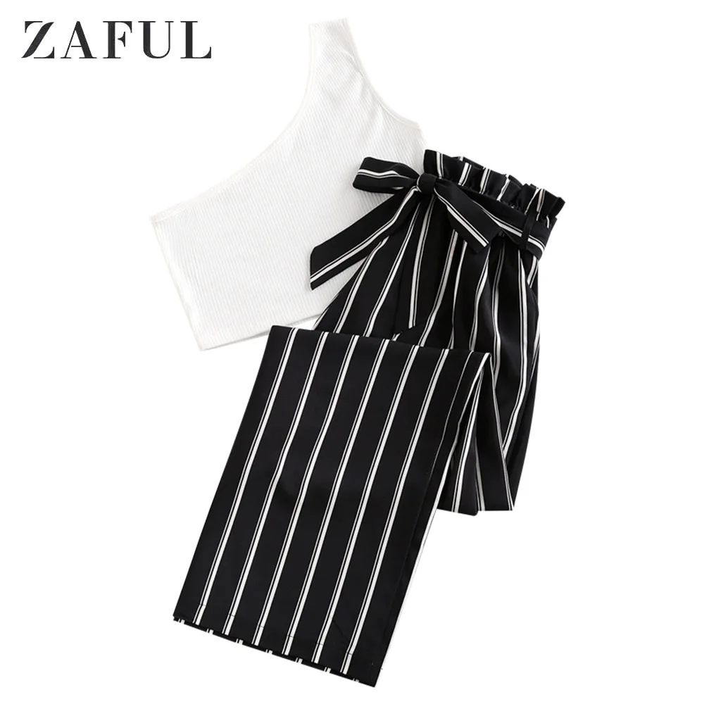 Женский костюм с широкими штанинами ZAFUL однотонный укороченный топ в полоску