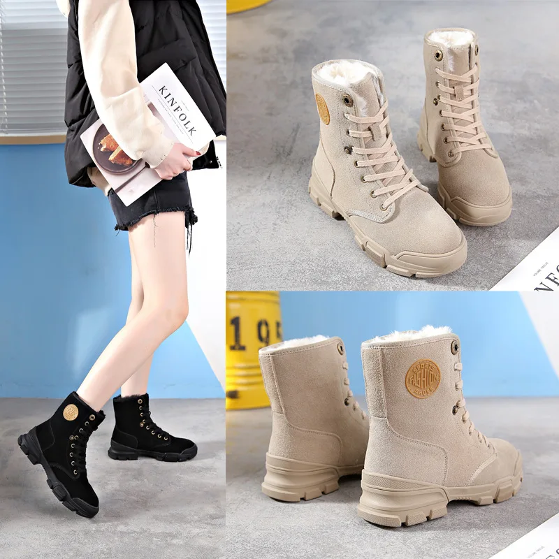 

2019 Autumn & Winter New Style Women's Boots Leather Short Boots Flat Heavy Fleece Warm Cotton Boots British Style Martin Boots