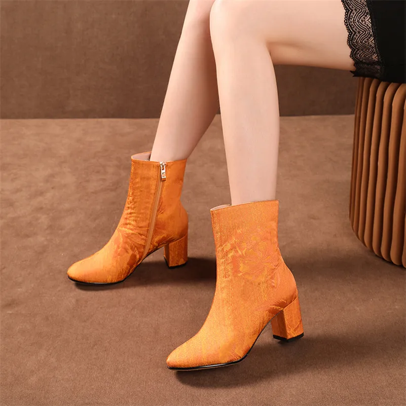 FEDONAS Vintage Prints Silk Women Ankle Boots Elegant Female Short Chelsea Boots Party Prom Shoes Woman Big Size Square Heels