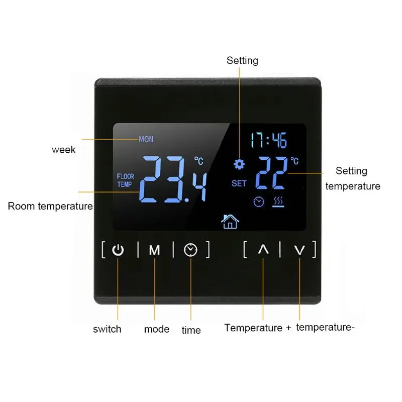 High-power Electric Heating Floor Heating Thermostat Touch Screen Black Backlight Dual-temperature Dual-control Floor Heating Th