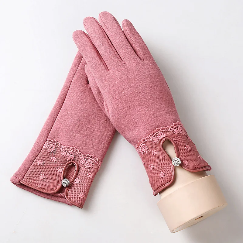 Женские зимние перчатки женские модные теплые хлопковые перчатки для сенсорного экрана перчатки Цветочные кружевные варежки с бантом - Цвет: 016F-pink