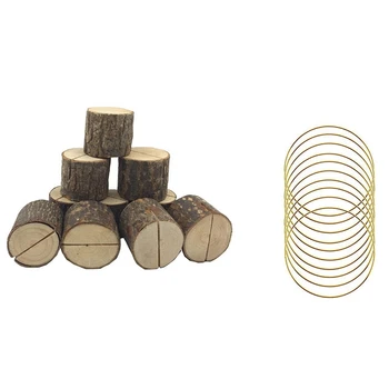 

20 Pcs Wedding Place Wooden Card Holders Table Number Stands & 10 Pcs Hoops Ringr Metal Round Brass Plated 6 Inch Gold
