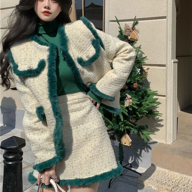 High Quality Luxury Beading Tweed Two Piece Set Women Woolen