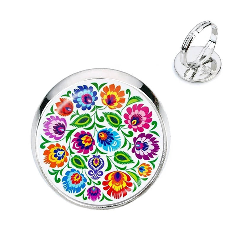 

Ethnic Polish Folk Art Pattern 16mm Glass Cabochon Adjustable Ring Bohemia Flower Print Hairpins Jewelry For Kids Gift