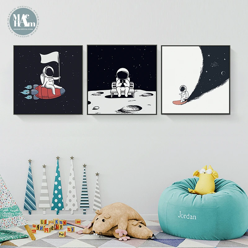 Cartoon rocket Astronauts Nursery Wall Picture Poster Print Boy bedroom Modern Canvas Painting Kids Children Wall Art Mural