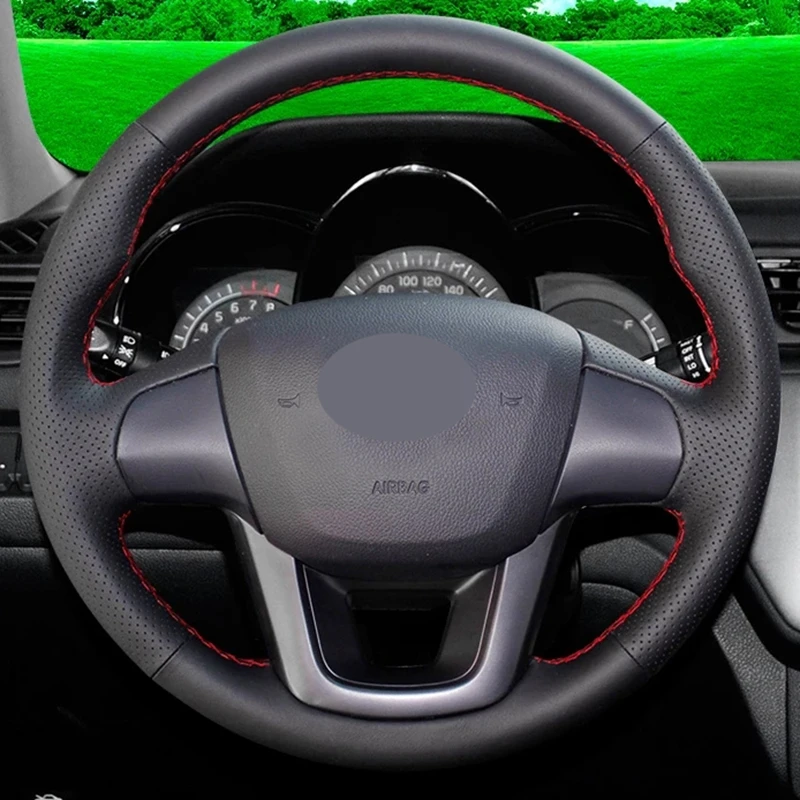 Black Genuine Leather Handstitched Car Steering Wheel Cover For Kia Rio 2011 2012 2013 2014 Car