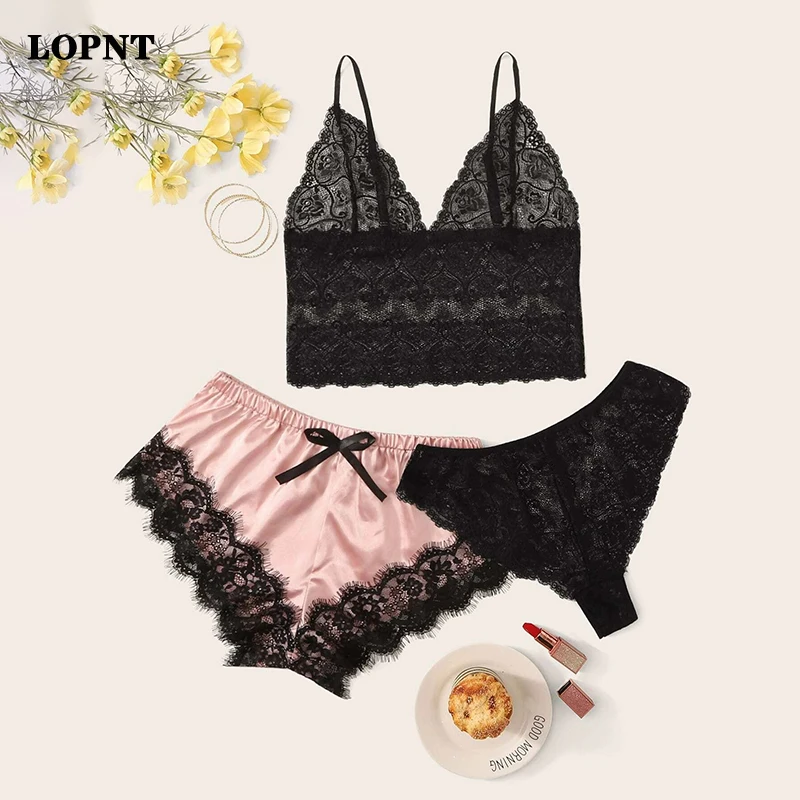 

LOPNT Women new pajamas set sexy 3 Pieces Floral Lace Lingerie Set With Satin Shorts Femal summer Sleeping pajamas home suit