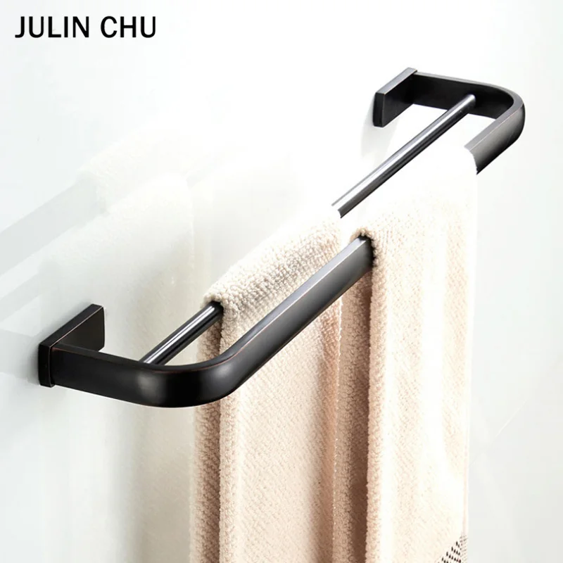 

Black Bathroom Double Towel Bar Antique Brass Wall Mounted Brushed Bath Towels Holder Hanger Shelf Bathtowel Rack Rail 57 CM