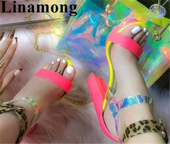 

2019 Summer Hottest Women Shoes Fashion Mixed Color Leopard Platform Dedign Sexy Square High Heel Buckle Strap Women Sandals