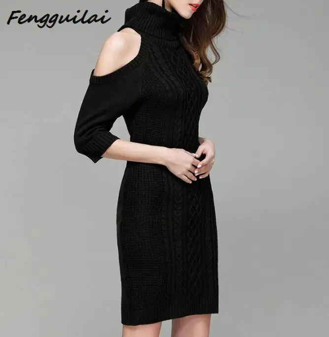 FENGGUILAI Autumn Winter Sexy Off Shoulder Turtleneck Sweater Dress Women Vintage Twisted Half Sleeve Long Pullovers Jumpers FENGGUILAI Autumn Winter Sexy Off Shoulder Turtleneck Sweater Dress Women Vintage Twisted Half Sleeve Long Pullovers Jumpers