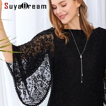 

SuyaDream 100%Silk Woman Black Embroidery French Long Dress 2020 Spring Autumn Slash Neck Flare Sleeves Elegant Party Dresses
