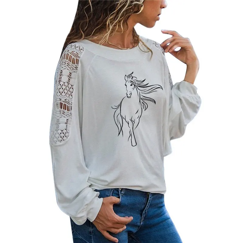 Креативная футболка с лошадью, женская футболка с длинным рукавом и круглым вырезом, женская одежда, топы с животными для девочек, повседневные свободные кружевные футболки