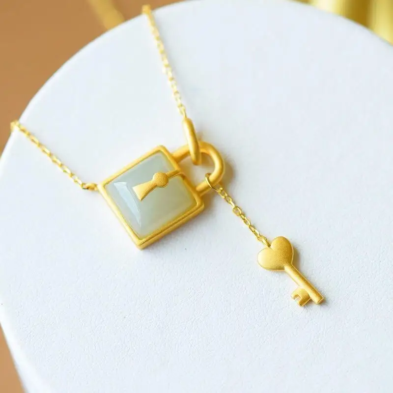 Natural Hetian jade square lock Pendant Necklace Chinese style retro unique gold craft charm women's silver jewelry | Украшения и