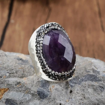 

BOROSA Natural Amethysts Ring Trendy Silver Plated Rhinestone Paved Black Agates Band Rings for Women Friendship Gifts JAB966