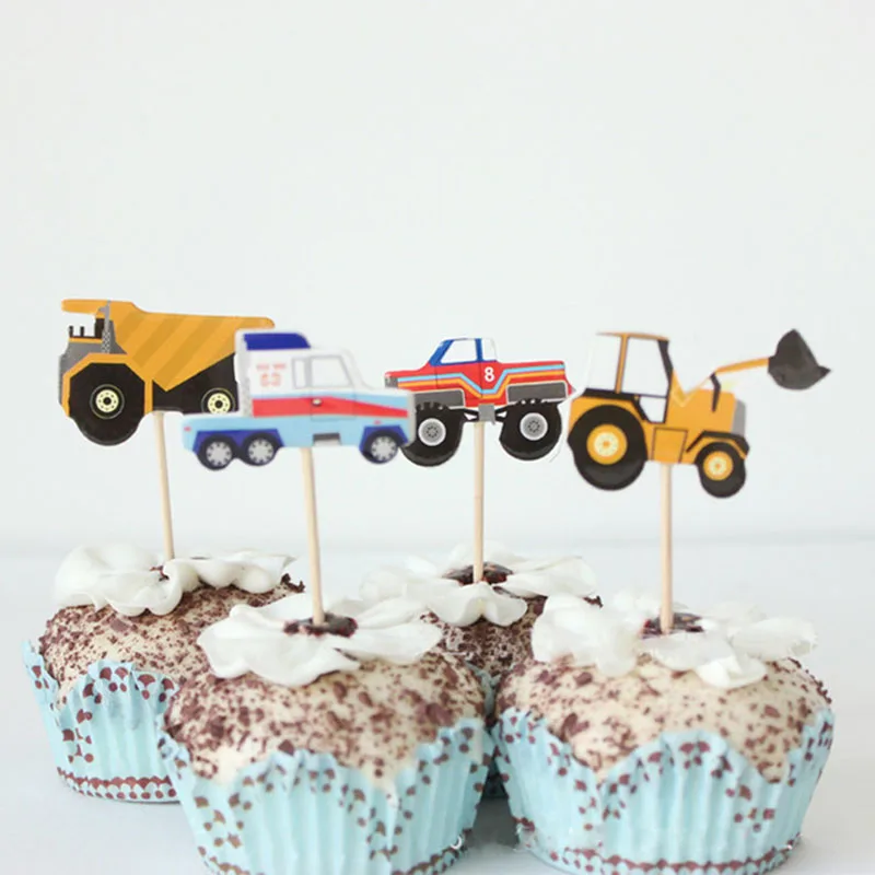 

24pcs Cartoon Car Truck Construction Rocket Cake Topper Cake Insert Cupcake Topper Decorating Kids Birthday Party Decor